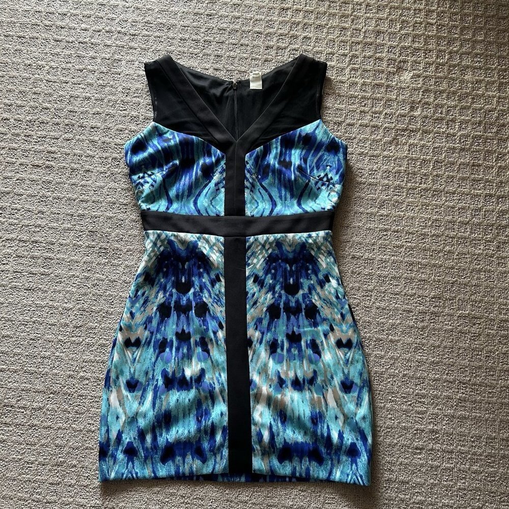 Sangria Blue Black Geometric Mini Bodycon Dress V Neck Womens Career Office